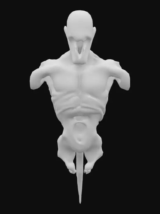 3D model for Generate a 3D mesh of a creature torso only, excluding the head, arms, legs, and any humanoid features like breasts. The torso should be a standalone segment designed for modular assembly, with a visible central spine, defined muscle structure, and clear anatomical connection points for limbs, neck, and tail. The topology must be clean and symmetrical for deformation and rigging. The aesthetic should be non-human, more alien or fantasy creature-like, with realistic anatomical feasibility.