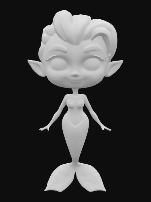 3D model for Cartoony alien mermaid with bright pink skin, blue eyes, purple hair, and a rainbow tail fin.