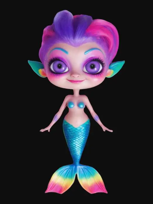3D model for Cartoony alien mermaid with bright pink skin, blue eyes, purple hair, and a rainbow tail fin.