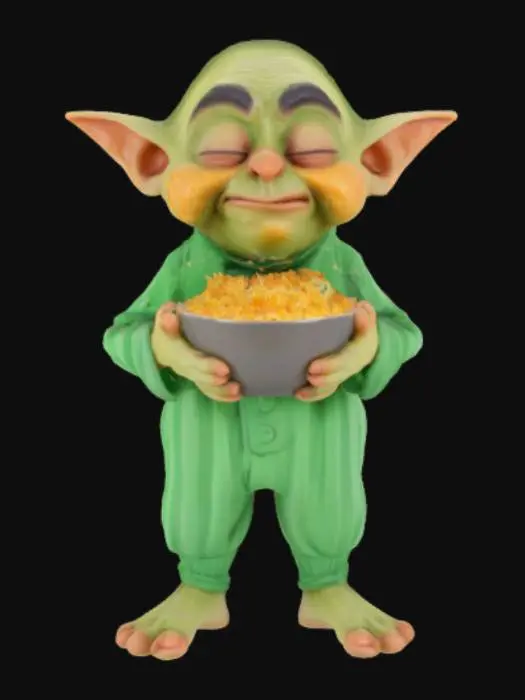 3D model for Sleepy goblin in pajamas eating shredded cheese.