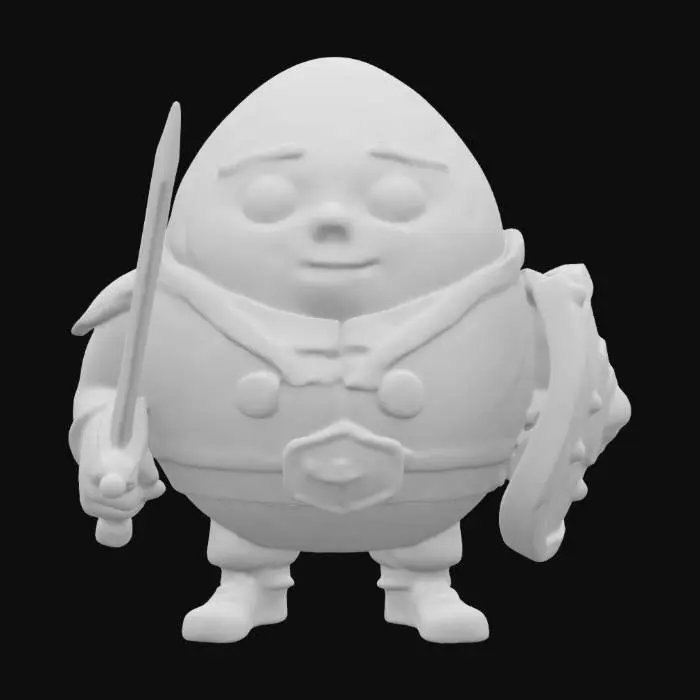 3D model for Humpty Dumpty egg man wearing armor with a sword and shield. Cartoony and whimsical with a crack on his egg shell. 