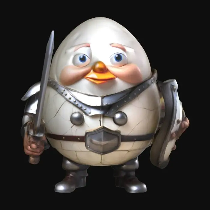 3D model for Humpty Dumpty egg man wearing armor with a sword and shield. Cartoony and whimsical with a crack on his egg shell. 