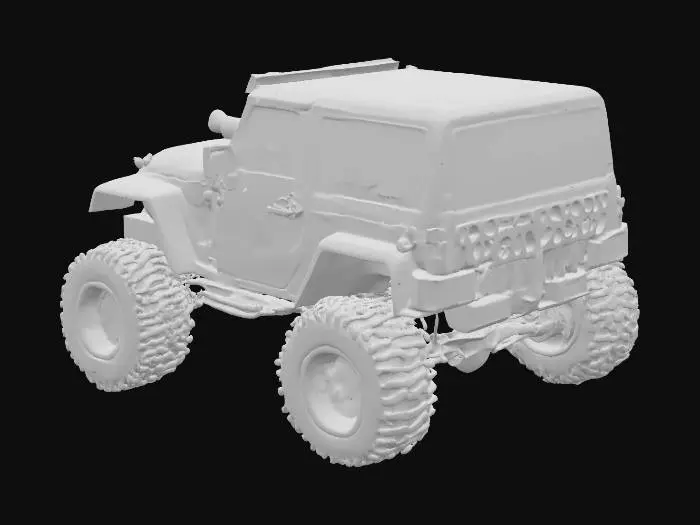 3D model for Red flame Jeep high detail with big tires and a bullhorn on the hood
