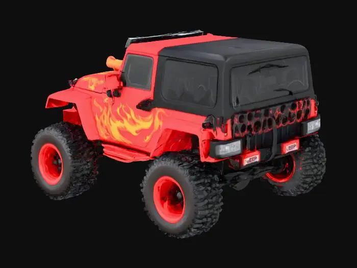 3D model for Red flame Jeep high detail with big tires and a bullhorn on the hood
