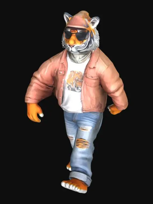 3D model for Tiger  standing up wearing tshirt jeans looking cool like a hipster