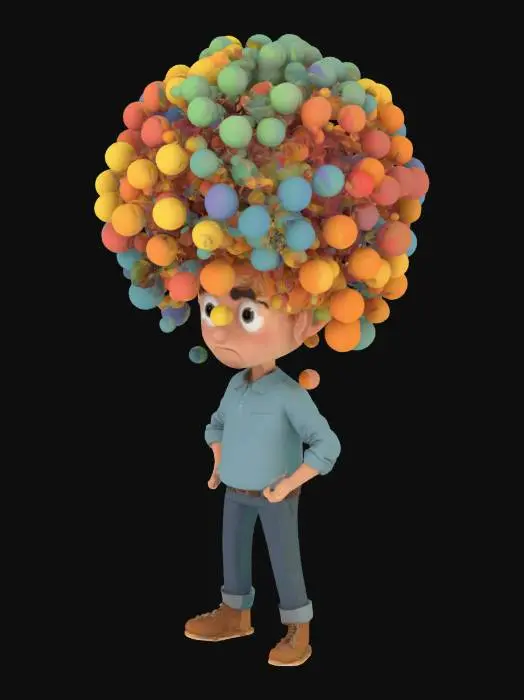 3D model for A cartoon man with his mind exploding with Ideas detailed 
