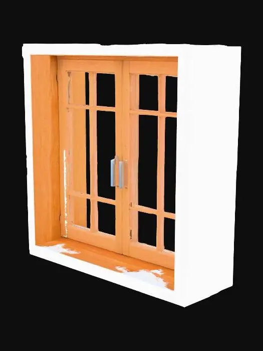 3D model for High detail of a closed window with snow mountain in the window and snow falling down in the window