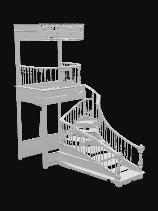 3D model for upper cabin balcony high detail dark wood curved stairs
