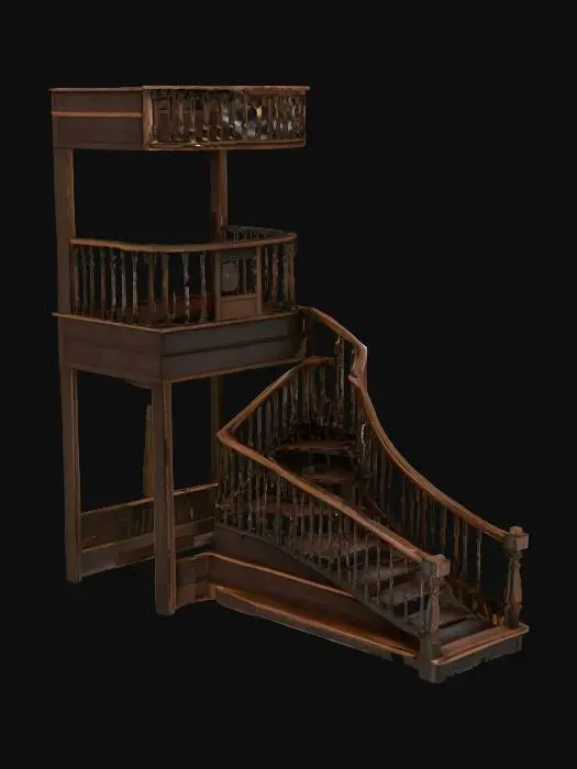 3D model for upper cabin balcony high detail dark wood curved stairs
