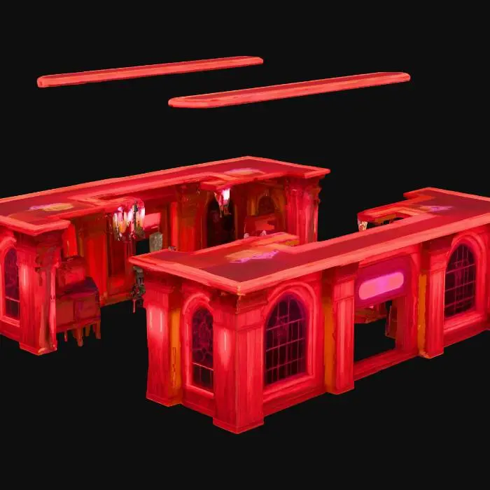 3D model for Gothic night club , with open area to walk around, style of uben 90s neon colors black and dark red texture of wood
