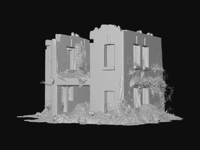 3D model for bâtiment en ruine post-apocalyptique, murs fissurés, fenêtres cassées, végétation envahissante, style réaliste, modèle 3D détaillé, game-ready