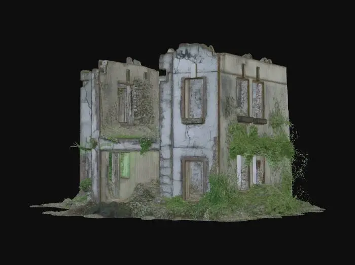 3D model for bâtiment en ruine post-apocalyptique, murs fissurés, fenêtres cassées, végétation envahissante, style réaliste, modèle 3D détaillé, game-ready