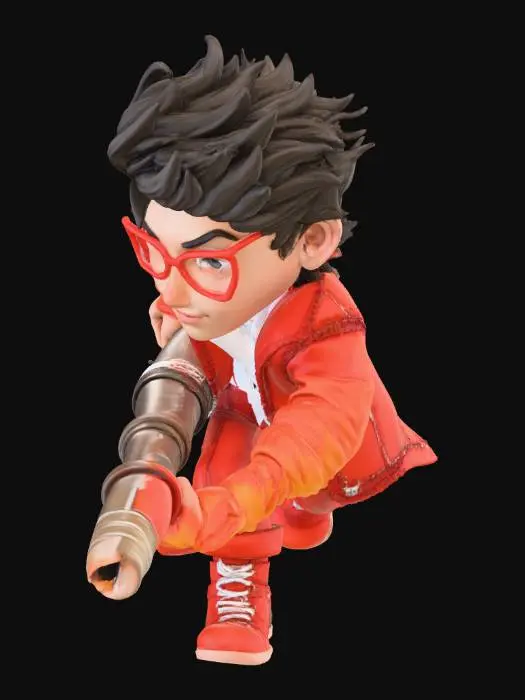 3D model for Figura 3D de Sabo en estilo semi-realista, en medio de un ataque con su tubo metálico envuelto en llamas azuladas y naranjas. Su abrigo se agita con el calor, las gafas reflejan el fuego. Expresión confiada, cabello revuelto. Base con suelo de piedra agrietada, brasas y humo flotante. Fondo blanco, iluminación cinematográfica y sensación de movimiento.