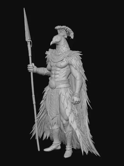 3D model for Figura colosal estilo ilustrado de un guerrero-híbrido pavo real en plena ofensiva, con el cuerpo inclinado hacia adelante y las alas desplegadas de forma agresiva, cada pluma afilada como una hoja lista para cortar. Su musculatura resalta bajo la tensión del movimiento, mientras su rostro mezcla rasgos nobles y feroces. Porta una lanza tallada con aspecto ancestral, sostenida en actitud de ataque. La base es un círculo de roca volcánica fracturada con lava que fluye entre las grietas; alrededor, calabazas deformadas por el calor, fragmentos de piedra ascendente y espigas de maíz carbonizadas emergen como estalagmitas retorcidas. Una columna de humo asciende detrás de la figura, amplificando el dramatismo y el impacto visual del personaje.