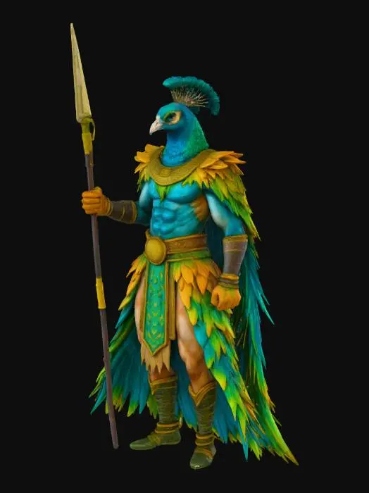 3D model for Figura colosal estilo ilustrado de un guerrero-híbrido pavo real en plena ofensiva, con el cuerpo inclinado hacia adelante y las alas desplegadas de forma agresiva, cada pluma afilada como una hoja lista para cortar. Su musculatura resalta bajo la tensión del movimiento, mientras su rostro mezcla rasgos nobles y feroces. Porta una lanza tallada con aspecto ancestral, sostenida en actitud de ataque. La base es un círculo de roca volcánica fracturada con lava que fluye entre las grietas; alrededor, calabazas deformadas por el calor, fragmentos de piedra ascendente y espigas de maíz carbonizadas emergen como estalagmitas retorcidas. Una columna de humo asciende detrás de la figura, amplificando el dramatismo y el impacto visual del personaje.