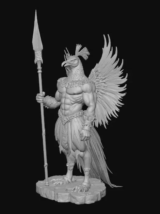 3D model for #Thanksgiving#, Figura colosal estilo ilustrado de un guerrero-híbrido pavo real en plena ofensiva, con el cuerpo inclinado hacia adelante y las alas desplegadas de forma agresiva, cada pluma afilada como una hoja lista para cortar. Su musculatura resalta bajo la tensión del movimiento, mientras su rostro mezcla rasgos nobles y feroces. Porta una lanza tallada con aspecto ancestral, sostenida  en actitud de ataque. La base es un círculo de roca volcánica fracturada con lava que fluye entre las grietas; alrededor, calabazas deformadas por el calor, fragmentos de piedra ascendente y espigas de maíz carbonizadas emergen como estalagmitas retorcidas. Una columna de humo asciende detrás de la figura, amplificando el dramatismo  y el impacto visual del personaje.