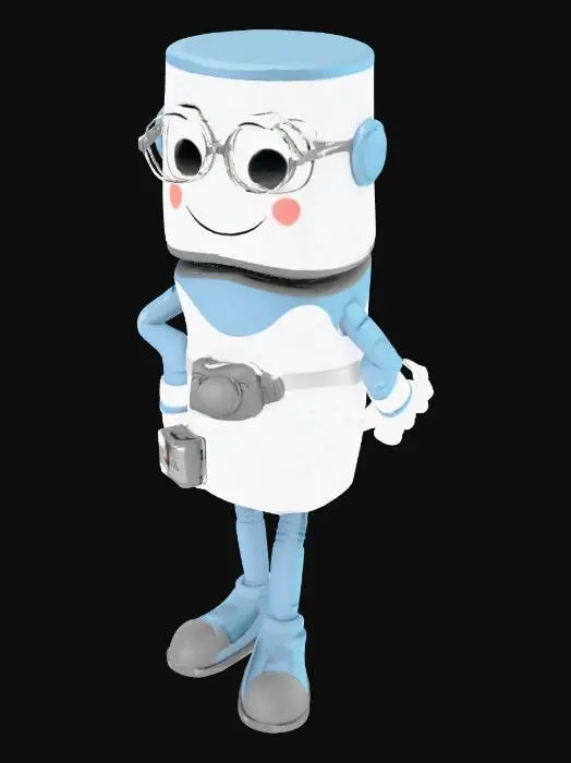 3D model for Diseña una mascota 3D para una página web dedicada al diseño de bases de datos SQL. La mascota debe tener forma de cilindro apilado (como el ícono clásico de una base de datos), pero con características de un animal ficticio. Añade brazos, piernas y una cara amigable y expresiva. El estilo debe ser adorable, moderno y visualmente atractivo, ideal para una interfaz web profesional pero accesible. La textura debe ser suave, con colores agradables como azul claro, blanco y detalles en gris metálico. El personaje debe transmitir simpatía, inteligencia y confianza. Puede tener pequeños accesorios tecnológicos (como gafas o un cinturón de herramientas digitales) que refuercen su rol como experto en bases de datos.