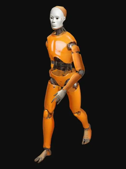 3D model for crashtest dummy, ohne gesicht , orange, menschlcihe proportionen und aussehen, sehr detailreich, high definition, 