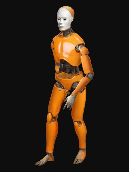 3D model for crashtest dummy, ohne gesicht , orange, menschlcihe proportionen und aussehen, sehr detailreich, high definition, 