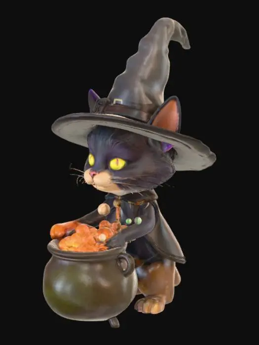 3D model for #Halloween2025#, a cat with a witches hat that is brewing a potion in a cauldron