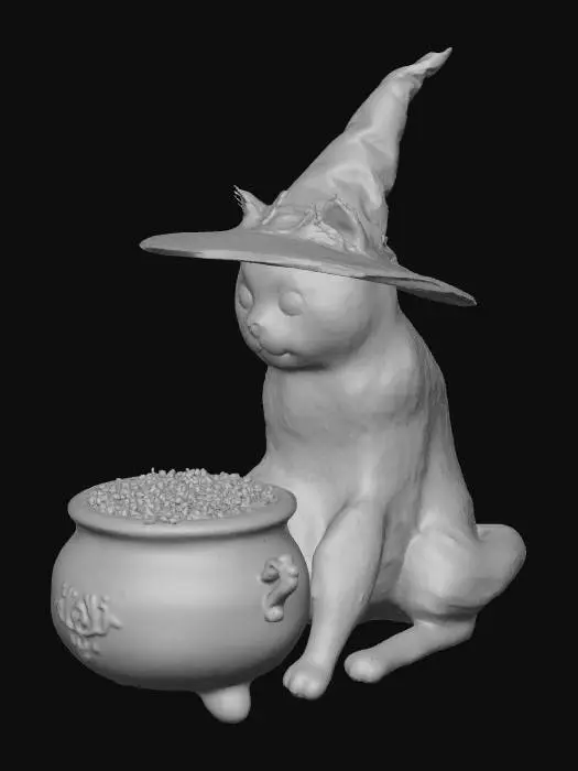3D model for #Halloween2025#, A solid, highly detailed model of an adorable black cat, wearing a charming, pointed purple witch's hat with a silver buckle. The cat has soft, sleek fur and wide, curious green eyes, sitting attentively beside a sturdy, matte black cast-iron cauldron. The cauldron bubbles vigorously with a vibrant, glowing green potion, emitting whimsical swirling steam and tiny iridescent sparkles, also make the cauldron detailed as well