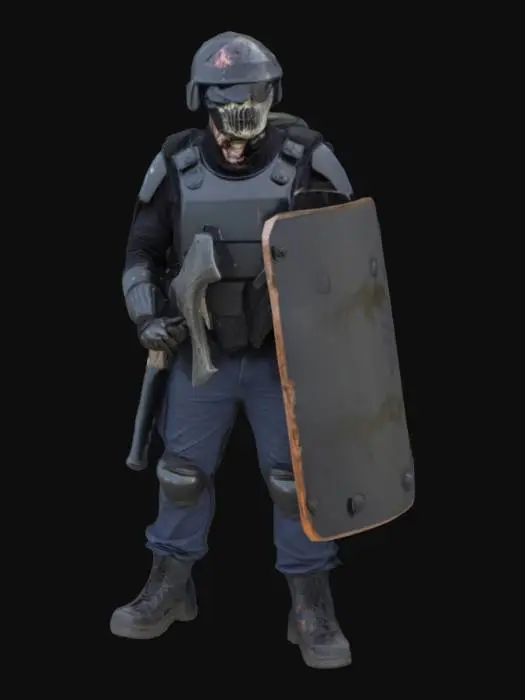 3D model for "Heavily armored zombie riot police with cracked black helmet, shattered visor, decayed face partially visible. Wears dark bulletproof armor with scratches. Holding a large dented riot shield in one hand, the other arm partly rotted with exposed bone. Overall look is tactical, undead, and threatening. Standing in a hunched, aggressive pose."