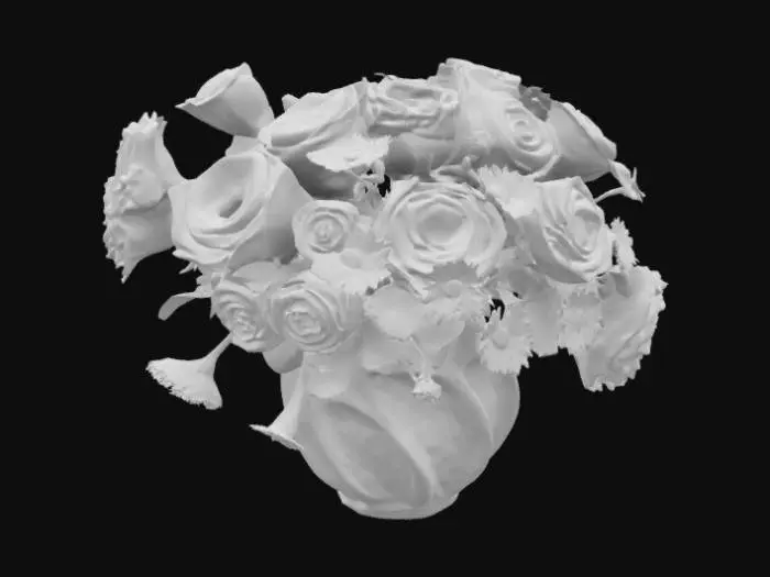 3D model for "A beautifully crafted ceramic vase with an elegant and delicate design, featuring soft curves and a smooth, glossy finish. The vase is filled with a stunning arrangement of fresh, vibrant flowers in various colors—roses, peonies, and daisies—carefully arranged to create a harmonious and charming composition. The lighting is soft and natural, casting gentle shadows that enhance the vase's texture. The overall aesthetic is elegant, warm, and inviting, evoking feelings of joy and serenity.