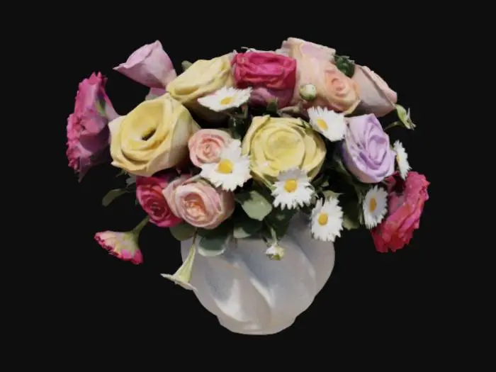 3D model for "A beautifully crafted ceramic vase with an elegant and delicate design, featuring soft curves and a smooth, glossy finish. The vase is filled with a stunning arrangement of fresh, vibrant flowers in various colors—roses, peonies, and daisies—carefully arranged to create a harmonious and charming composition. The lighting is soft and natural, casting gentle shadows that enhance the vase's texture. The overall aesthetic is elegant, warm, and inviting, evoking feelings of joy and serenity.