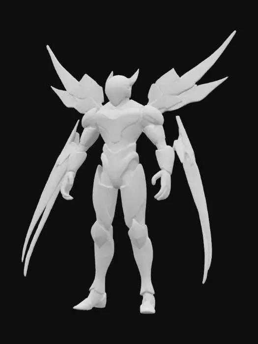 3D model for 一个水晶风格的硅基机器人。身体是蓝绿色的细瘦样子。头部是上宽下窄的菱形黑色流光。手和腿全部是黑色的水晶，有锋利的刀刃护甲。后背有刀刃组合起来的羽翼。