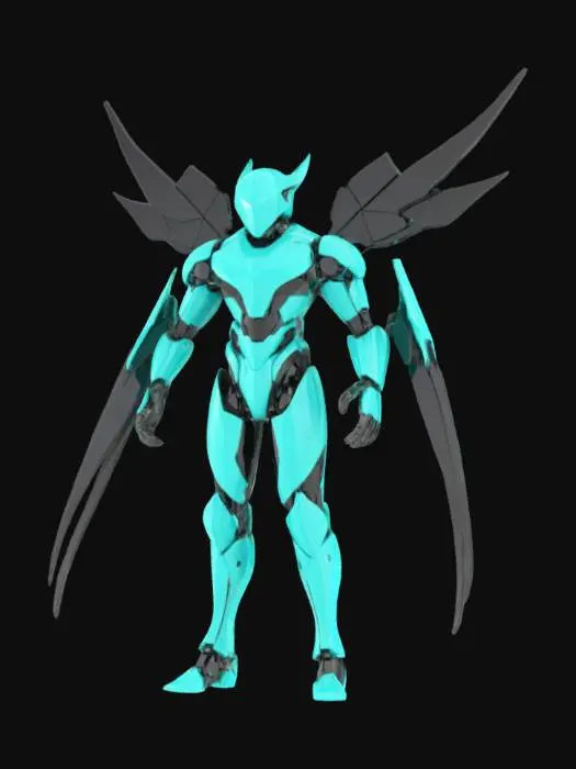 3D model for 一个水晶风格的硅基机器人。身体是蓝绿色的细瘦样子。头部是上宽下窄的菱形黑色流光。手和腿全部是黑色的水晶，有锋利的刀刃护甲。后背有刀刃组合起来的羽翼。