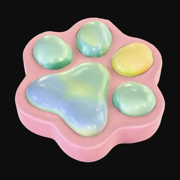 3D model for Cute, glossy, bubble-like paw pads, paw-shaped squishy silicone base, designed for 0–5A soft silicone mold casting. One-piece solid mesh with flat bottom, no hollow parts, no undercuts, no complex cavities, ensuring easy demolding.