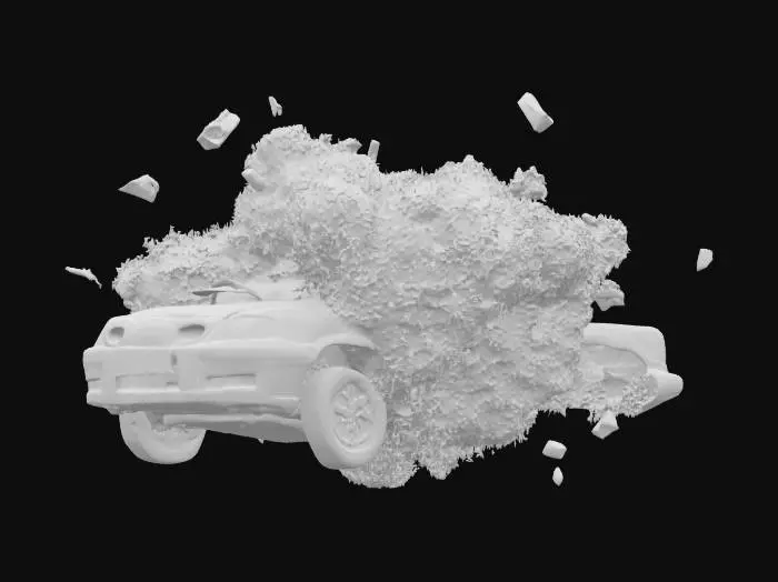 3D model for car explosion from inside car engine with engine and car and body parts flying through the air and fire ball