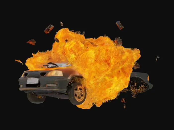 3D model for car explosion from inside car engine with engine and car and body parts flying through the air and fire ball