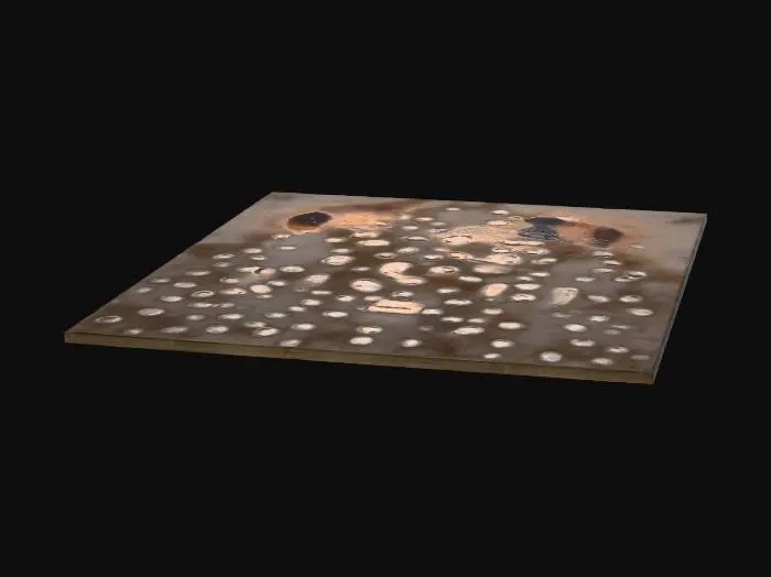 3D model for concrete flat slap 50x50 meters with puddles arranged like camo pattern, reflecting sunset sky in the puddles