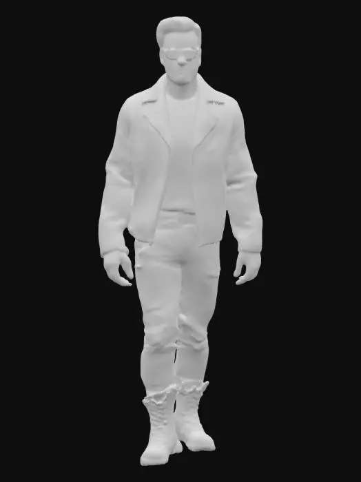 3D model for super high definition upperbody of young Arnold Schwarzenegger dressed as Terminator in leather jacket and sunglasses.  unlimited polygons
