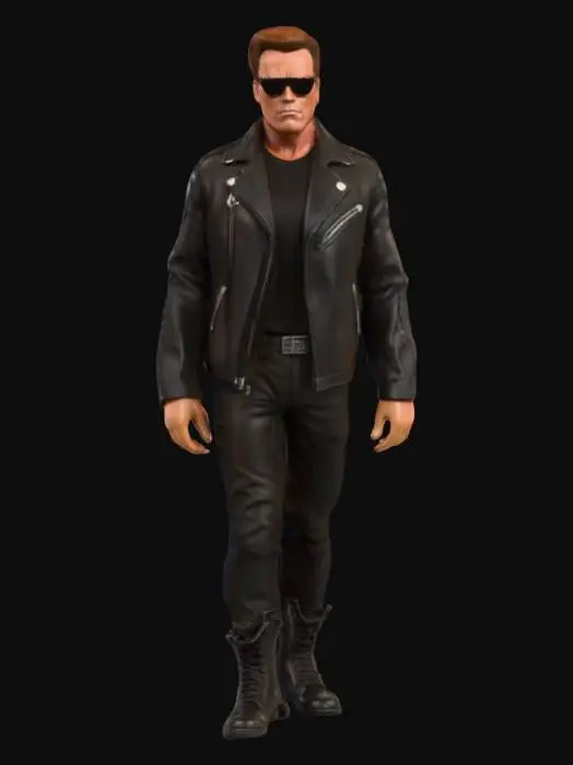 3D model for super high definition upperbody of young Arnold Schwarzenegger dressed as Terminator in leather jacket and sunglasses.  unlimited polygons
