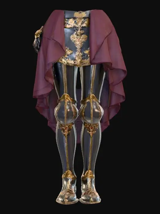 3D model for French decorative black armor plate legs  with gold inlayed royal damask and matching feet covering/boots and also a beautiful dark burgundy skirt overlay 