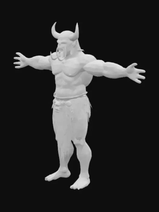 3D model for Ork in a t-pose. his arms are down a little bit, and the left arm-torso area has tatoos on it. he is wearing a loincloth with human skulls on it. highest quality and definition.