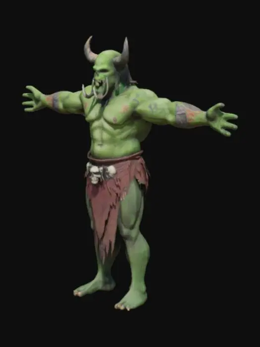 3D model for Ork in a t-pose. his arms are down a little bit, and the left arm-torso area has tatoos on it. he is wearing a loincloth with human skulls on it. highest quality and definition.