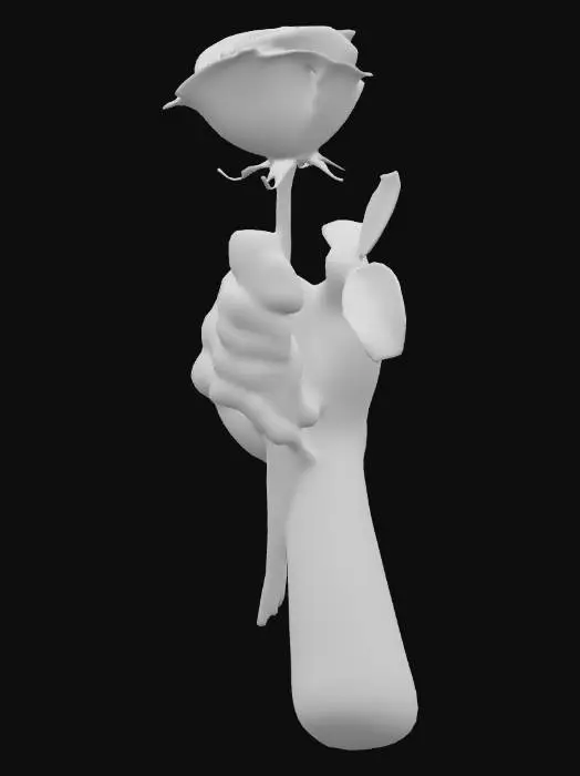 3D model for Crea un modelo 3D de una mano #PBR# una mano izquierda que aprieta un puño alrededor de una rosa metálica de color oro. La mano debe estar diseñada con una textura de mármol resquebrajado, presentando grietas de un brillante color dorado. Asegúrate de que el modelo resalte la fuerza de la mano en contraste con la delicadeza de la rosa metálica, creando una representación visual impactante y detallada.