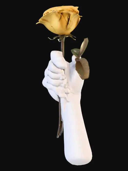 3D model for Crea un modelo 3D de una mano #PBR# una mano izquierda que aprieta un puño alrededor de una rosa metálica de color oro. La mano debe estar diseñada con una textura de mármol resquebrajado, presentando grietas de un brillante color dorado. Asegúrate de que el modelo resalte la fuerza de la mano en contraste con la delicadeza de la rosa metálica, creando una representación visual impactante y detallada.