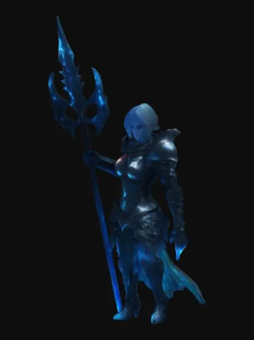 3D model for "Grimdark anime scene, Dark Souls aesthetic. A tragic female knight (Alyssara) with silver coral armor, blood dripping from internal spikes on her chest. She holds a glowing blue trident and a shell shield with a mermaid's eye. Ghostly mermaid (Thalenea) cries behind her. Stormy coastal cliff with shipwrecks and bioluminescent corals. Dark teal and blood-red palette, dramatic lighting, hyper-detailed textures, inspired by Kentaro Miura and Ayami Kojima."