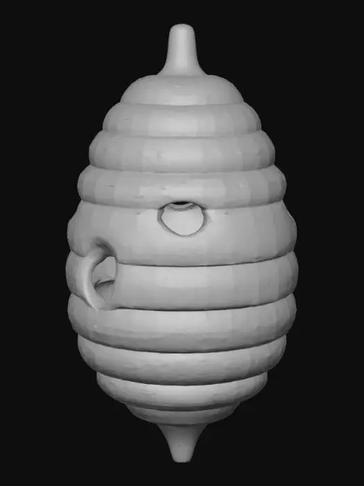3D model for Ultra-realistic 3D model of a classic rounded beehive with smooth layered wax texture, shaped like stacked golden rings with a hollow dark opening in the front and a small drop of honey dripping from the bottom. The hive includes a short, sturdy stem or handle at the top, small enough for a player to hold. Made of golden wax with glossy reflections and visible honey shine. No bees, no insects, clean neutral background, optimized geometry around 9K polygons for Roblox Studio import, photorealistic materials and balanced lighting.