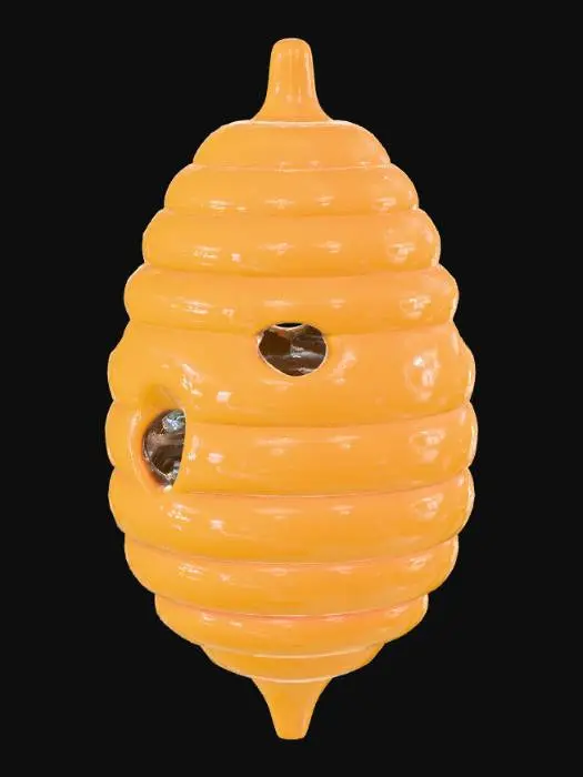 3D model for Ultra-realistic 3D model of a classic rounded beehive with smooth layered wax texture, shaped like stacked golden rings with a hollow dark opening in the front and a small drop of honey dripping from the bottom. The hive includes a short, sturdy stem or handle at the top, small enough for a player to hold. Made of golden wax with glossy reflections and visible honey shine. No bees, no insects, clean neutral background, optimized geometry around 9K polygons for Roblox Studio import, photorealistic materials and balanced lighting.