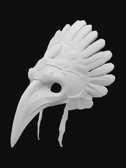 3D model for An imposing Aztec eagle warrior mask, carved from a single piece of dark, polished obsidian. Its prominent features include a sharply hooked beak, fierce, stylized eyes often inlaid with iridescent abalone shell, and a feathered crest crafted from intricate, overlapping jade and turquoise pieces. The surface is predominantly smooth and cool with a glossy sheen, while the carved feather details offer a slightly textured, layered feel, presenting a formidable and sacred appearance.