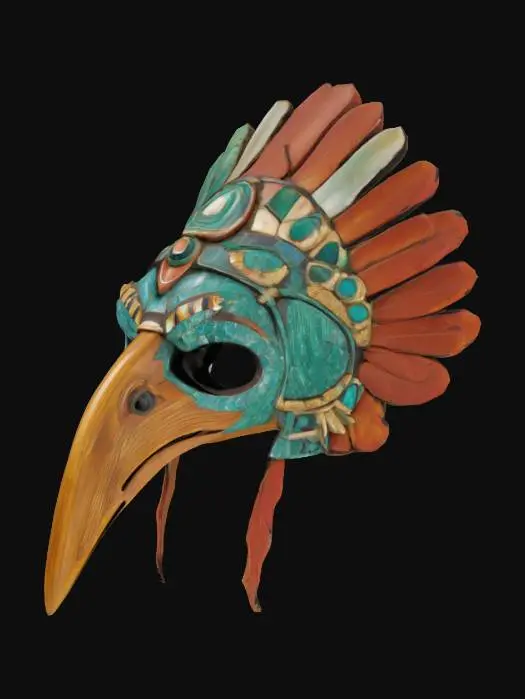 3D model for An imposing Aztec eagle warrior mask, carved from a single piece of dark, polished obsidian. Its prominent features include a sharply hooked beak, fierce, stylized eyes often inlaid with iridescent abalone shell, and a feathered crest crafted from intricate, overlapping jade and turquoise pieces. The surface is predominantly smooth and cool with a glossy sheen, while the carved feather details offer a slightly textured, layered feel, presenting a formidable and sacred appearance.