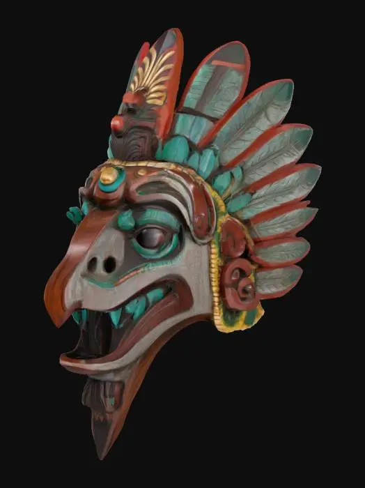 3D model for A ceremonial wooden mask depicting the Aztec deity Quetzalcoatl, intricately carved from dark, polished mahogany or cedar. Its surface boasts a smooth, slightly oiled texture, with finely incised lines detailing feathered serpent scales around the eyes and mouth. The form is elongated, with a prominent snout and stylized, open jaws revealing small, sharp fangs. Pigments of deep emerald green and vibrant turquoise, derived from natural minerals, highlight the elaborate colored feather work, contrasting with touches of dark red and gold. It feels solid and cool to the touch, with the subtle scent of aged wood.