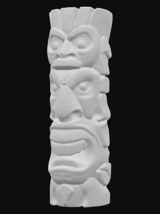 3D model for A tall, intricately carved wooden Tiki totem, featuring a stack of three stylized, menacing faces with exaggerated, wide-set eyes and broad, grimacing mouths. Crafted from a dark, tropical hardwood like mahogany or teak, its surface is deeply chiseled and textured, revealing the coarse grain of the wood. A rich, reddish-brown hue dominates, with subtle variations in tone. The overall structure is cylindrical yet robust, feeling rough and substantial to the touch, evoking an ancient, tribal aesthetic.