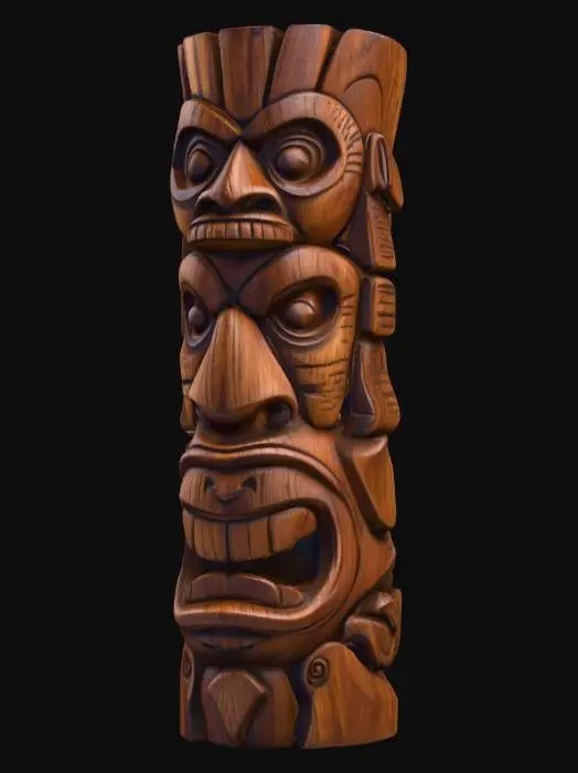 3D model for A tall, intricately carved wooden Tiki totem, featuring a stack of three stylized, menacing faces with exaggerated, wide-set eyes and broad, grimacing mouths. Crafted from a dark, tropical hardwood like mahogany or teak, its surface is deeply chiseled and textured, revealing the coarse grain of the wood. A rich, reddish-brown hue dominates, with subtle variations in tone. The overall structure is cylindrical yet robust, feeling rough and substantial to the touch, evoking an ancient, tribal aesthetic.