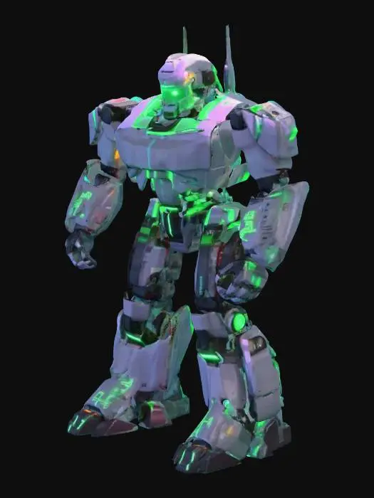 3D model for "A massive futuristic robot in Roblox style, standing tall and powerful, with the text 'CraftBlocks' displayed prominently on the front chest panel in glowing neon letters. The robot has a sleek, modern industrial exterior with metallic panels, LED lighting strips, and a high-tech design.
Interior layout (fully detailed, modern interior design):
The inside of the robot functions as a fully operational base with the following rooms:

9 Bedrooms – each with a modern bed, personal storage, ambient lighting, and decorative elements
Kitchen – open-plan, modern style with counters, appliances, and bar seating
Living Room – comfortable couches, flatscreen displays, modern furniture and lighting
Cockpit – located in the head of the robot, filled with control panels, holographic screens, pilot seat